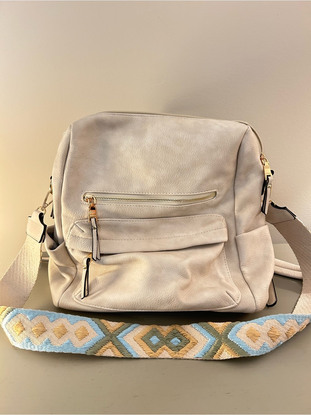 Jen & Co Amelia Cream Backpack Embroidered Strap Gold Hardware
